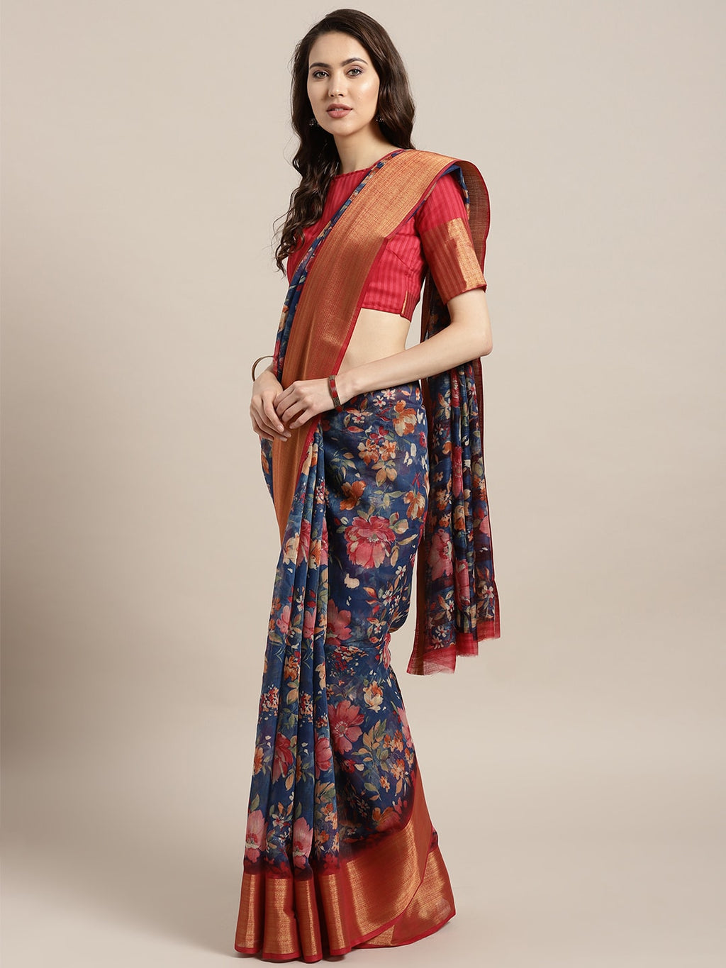 Saree Mall Navy Blue & Red Linen Blend Printed Saree