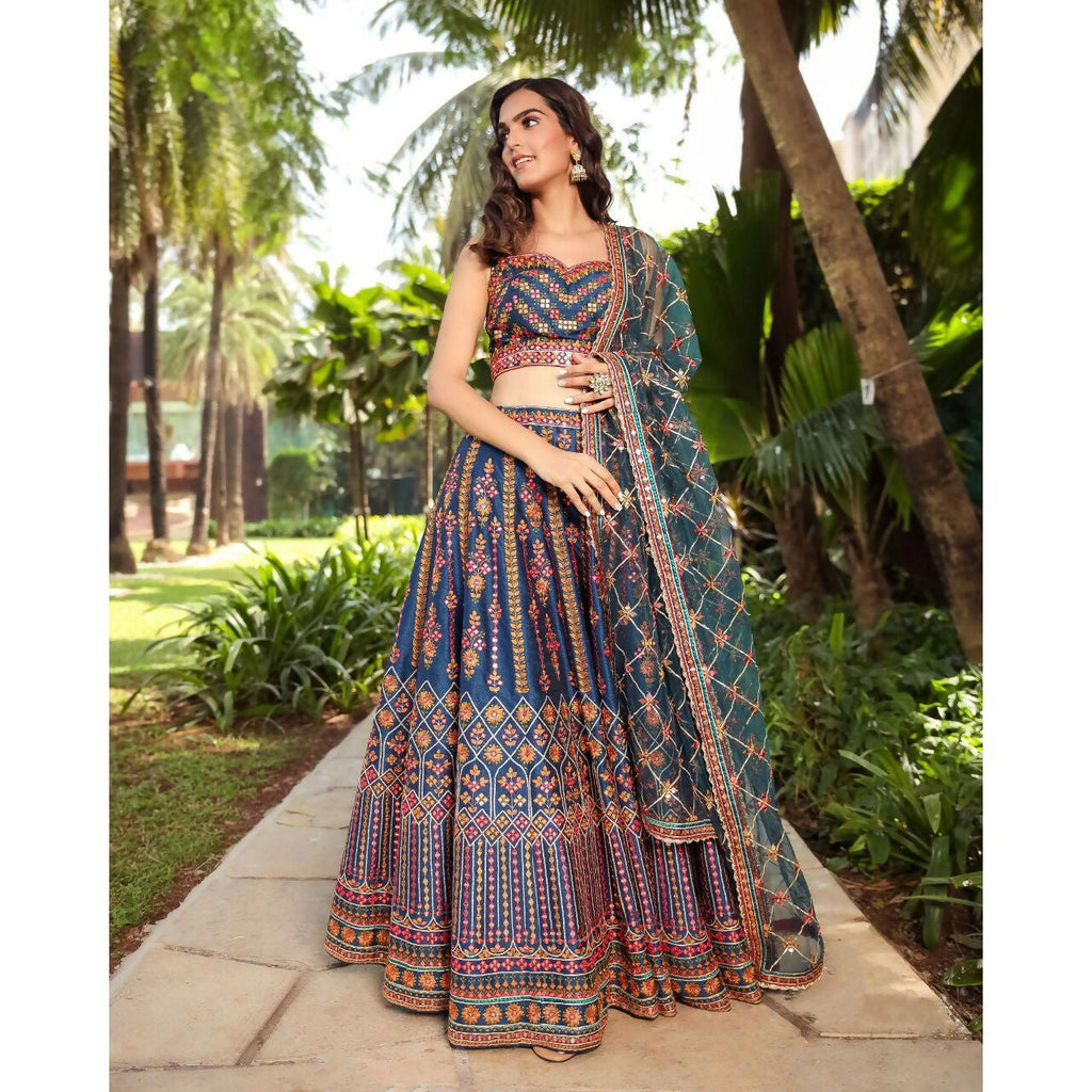 Jyoti Fashion Outstanding Blue Chinon 3MM, 9MM Sequins with Thread & Jari Embroidery Lehenga Choli with Dupatta
