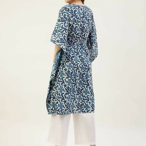 FIORRA Women's Printed Pure Cotton Kaftan Kurta - Blue