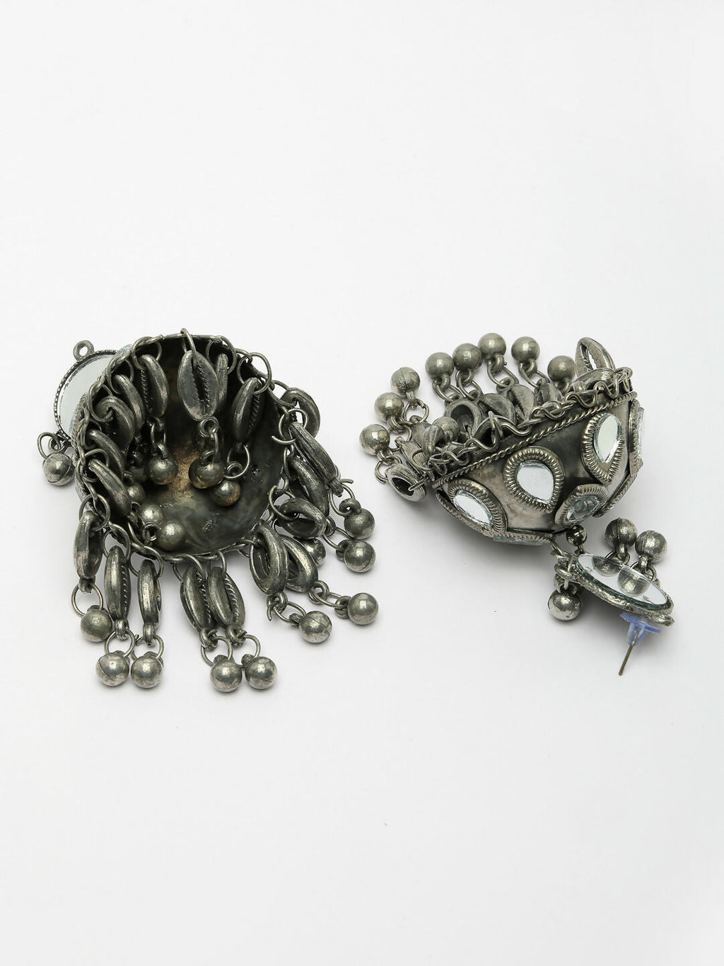NVR Women's Silver Plated Mirror Work Oxidised Contemporary Jhumka Earrings