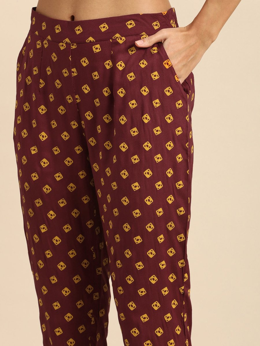 All About You Women Maroon Bandhani Printed Kurta with Trousers