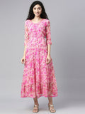 Souchii Beautiful Pink & peaches n cream Floral Layered Chiffon Midi Dress