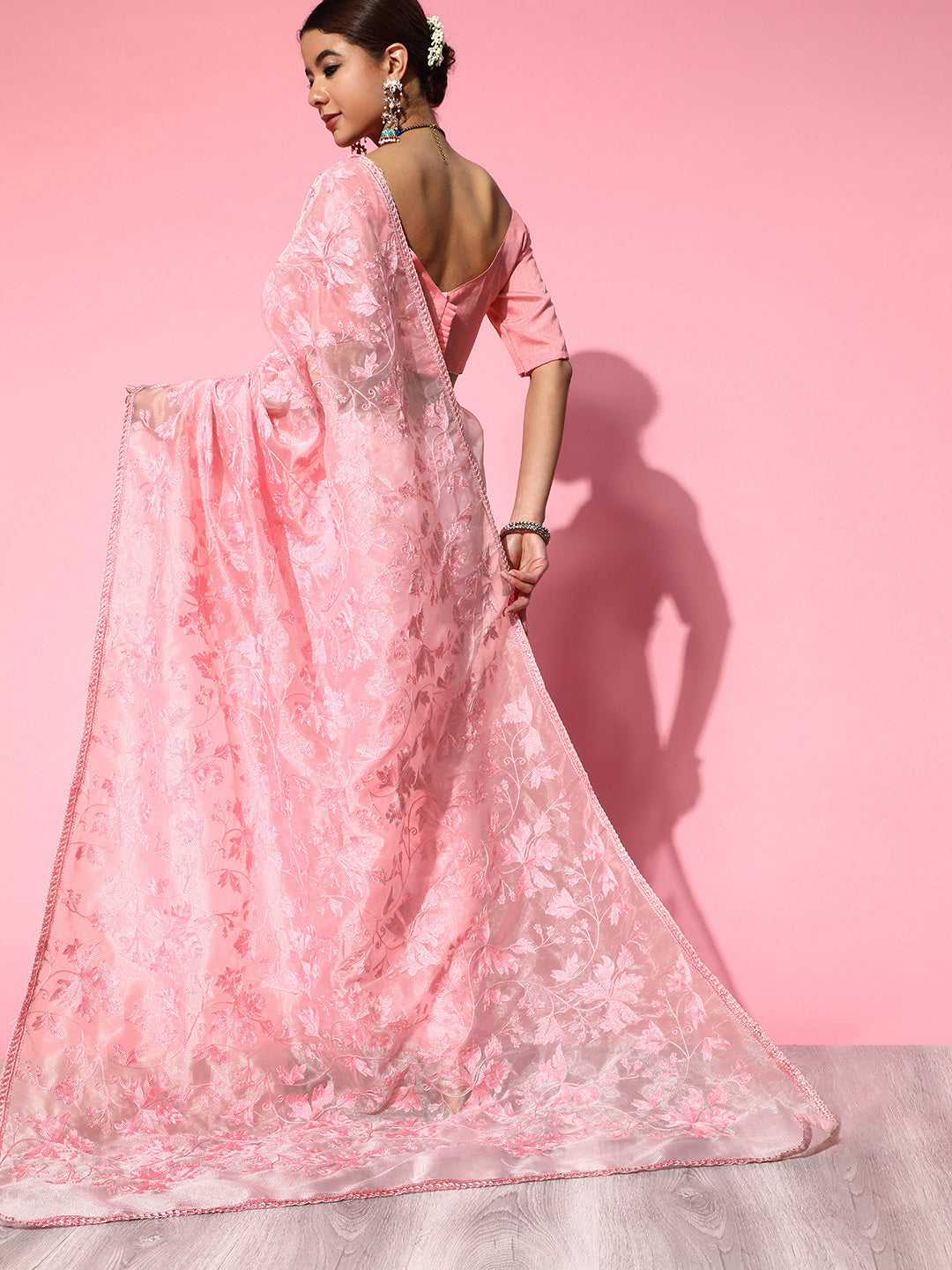 Saree Mall Pink Floral Embroidered Organza Saree