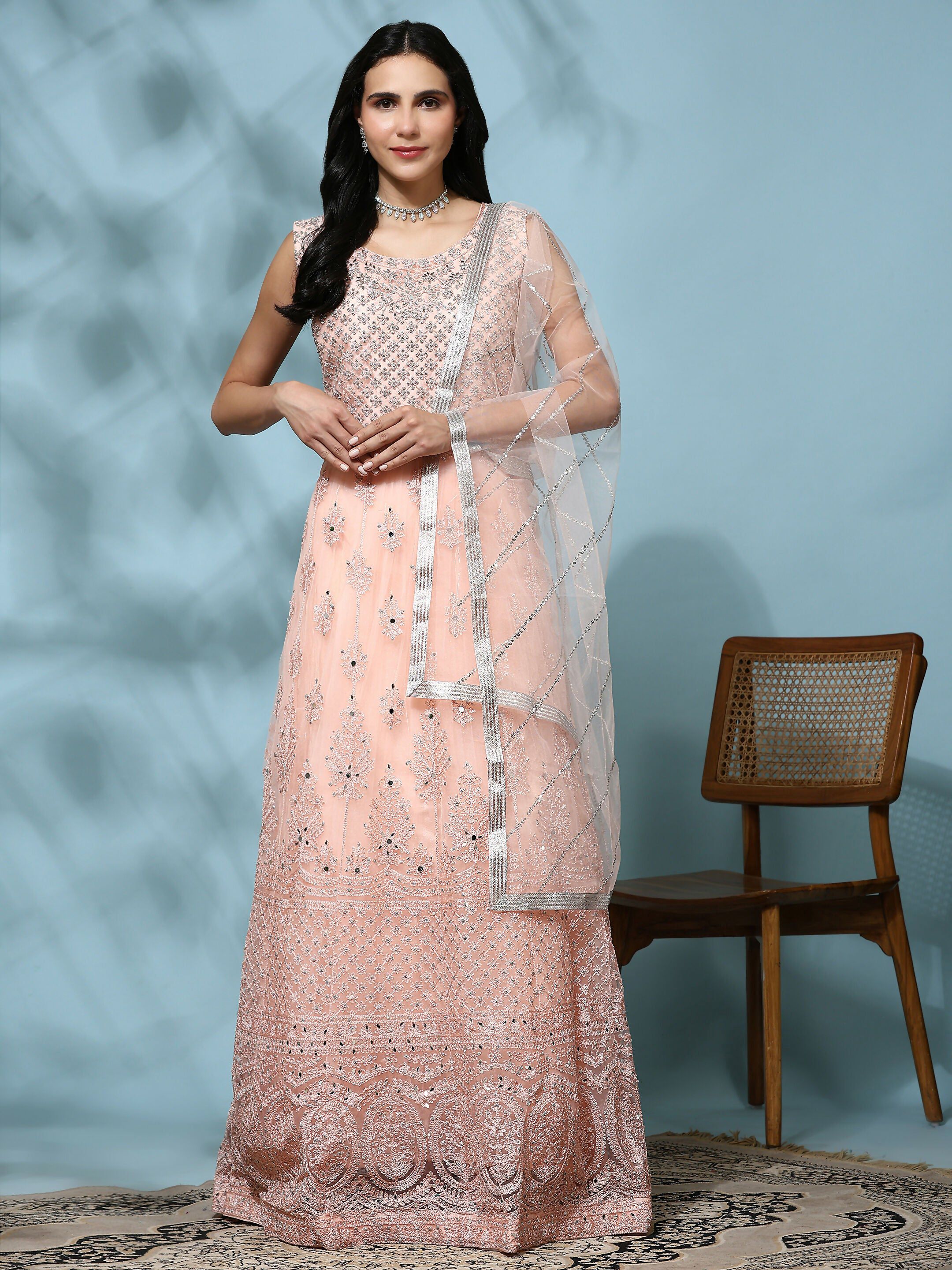Peach Net Hand Embroidered Gown - Rudrani