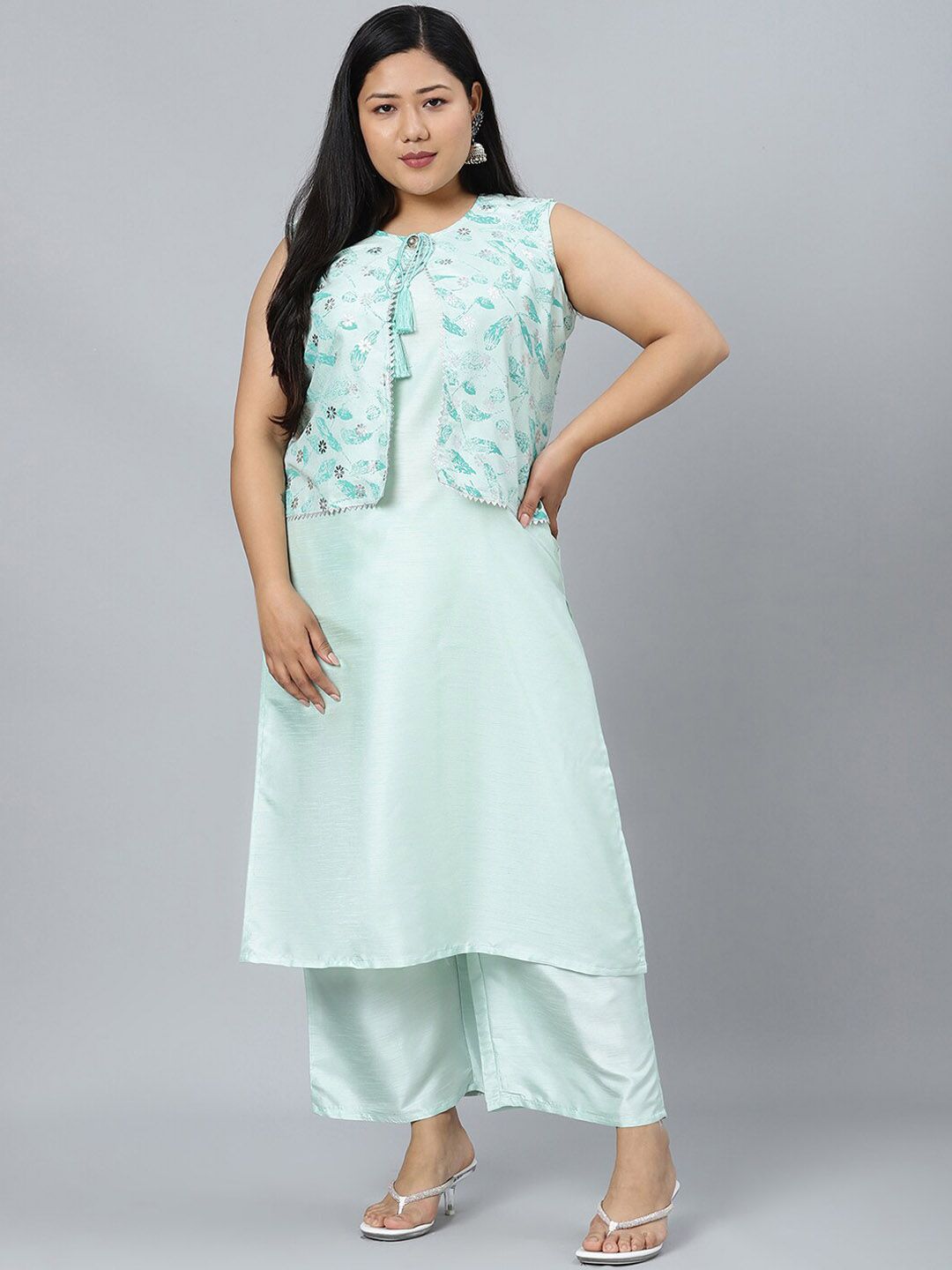 Sztori Plus Size Round Neck Sleeveless Art Silk Kurta With Palazzo & Jacket