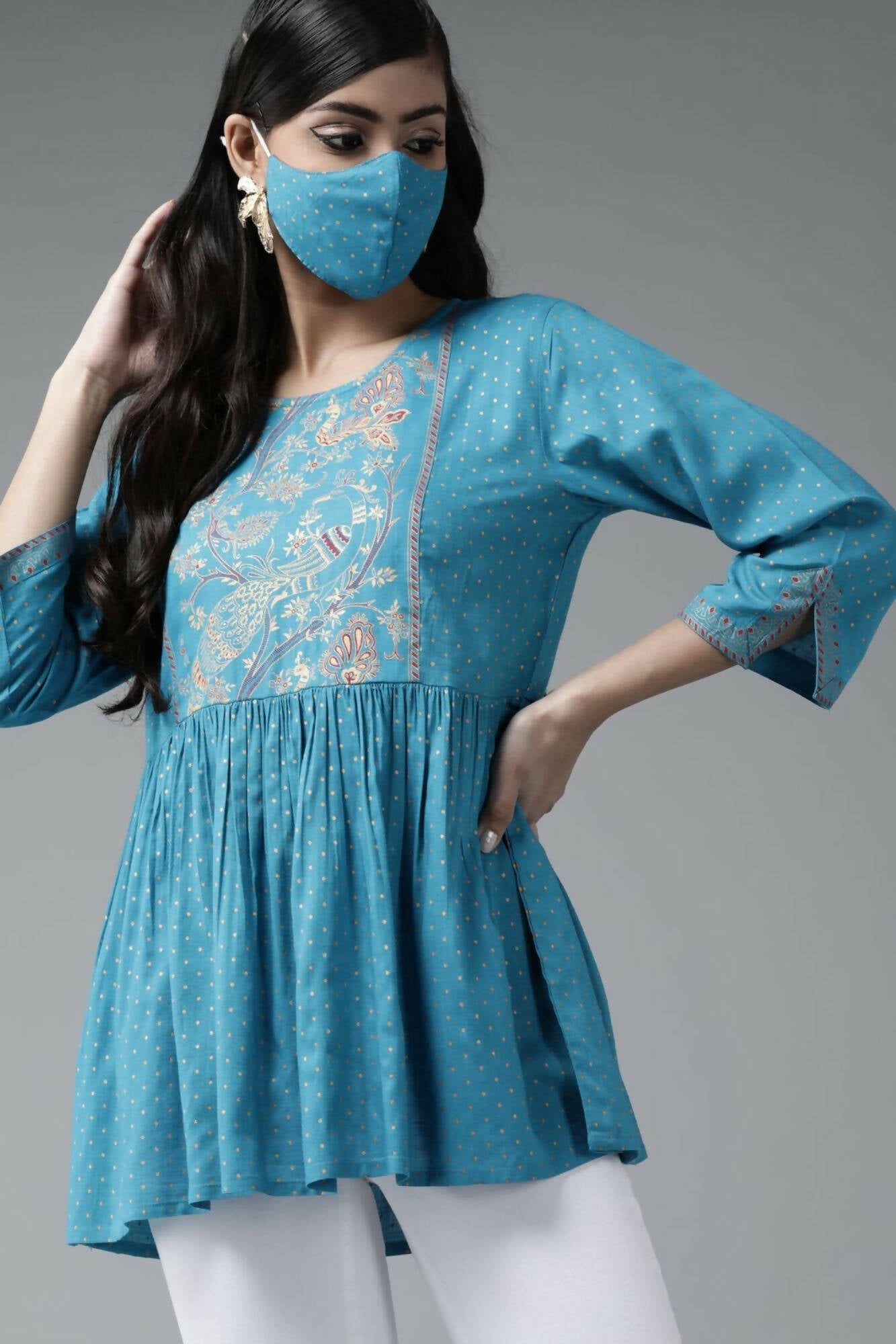 Juniper Women Skyblue Rayon Slub Polka Print Peplum Tunic