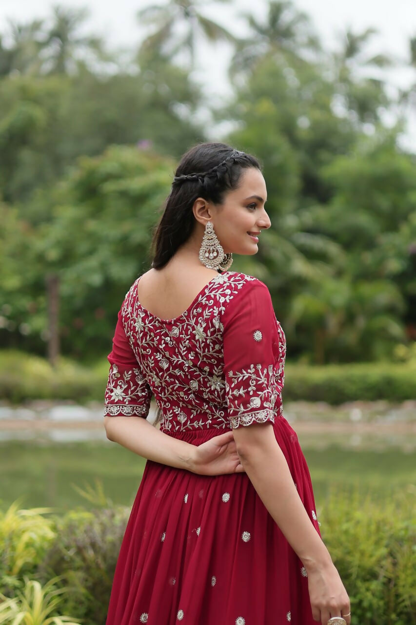 Vastranavya Premium Designer Faux Blooming with Embroidery Zari Sequins work Gown - Maroon