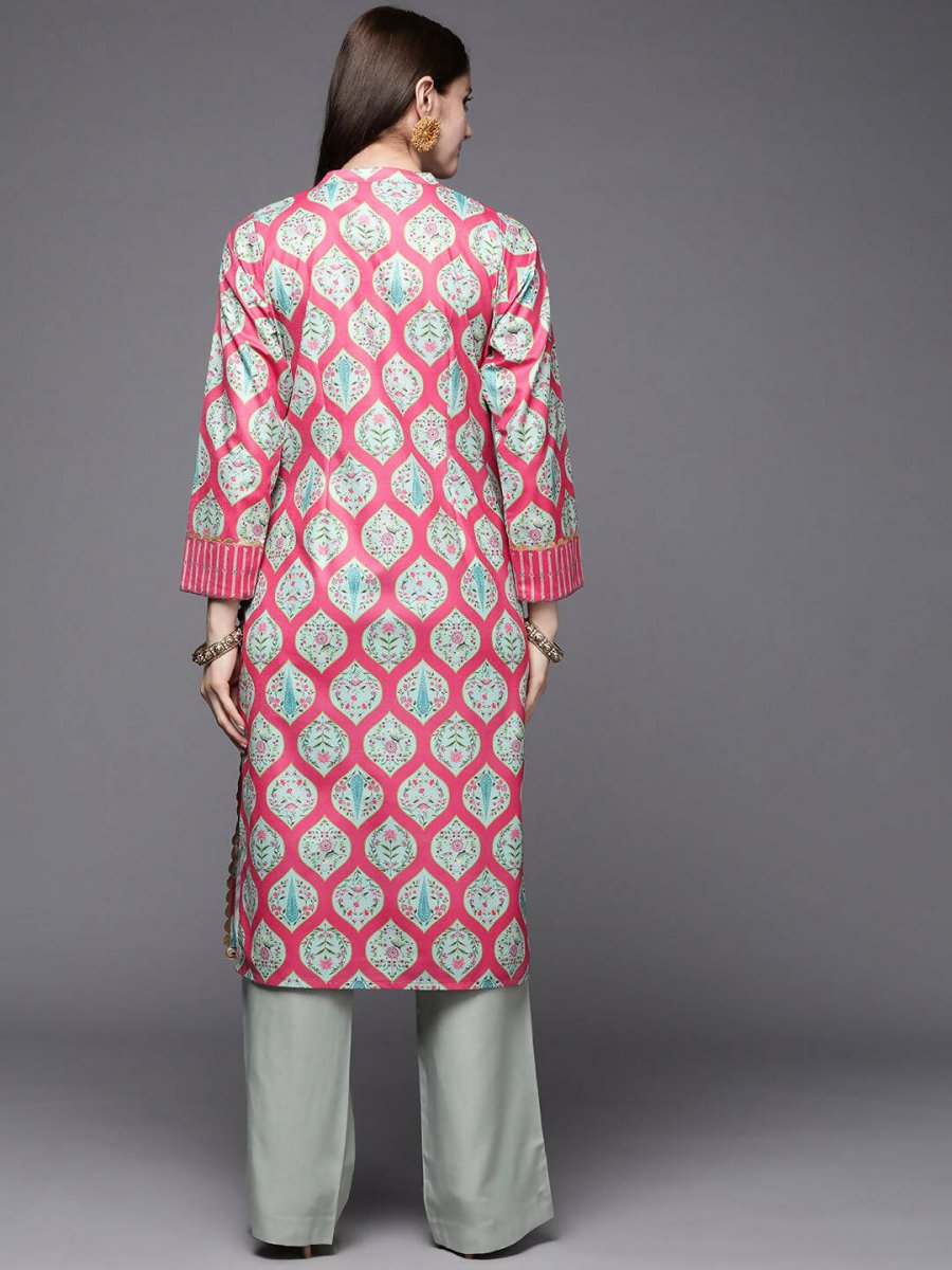 Ahalyaa Women Pink & Sea Green Floral Printed Gotta Patti Velvet Kurta