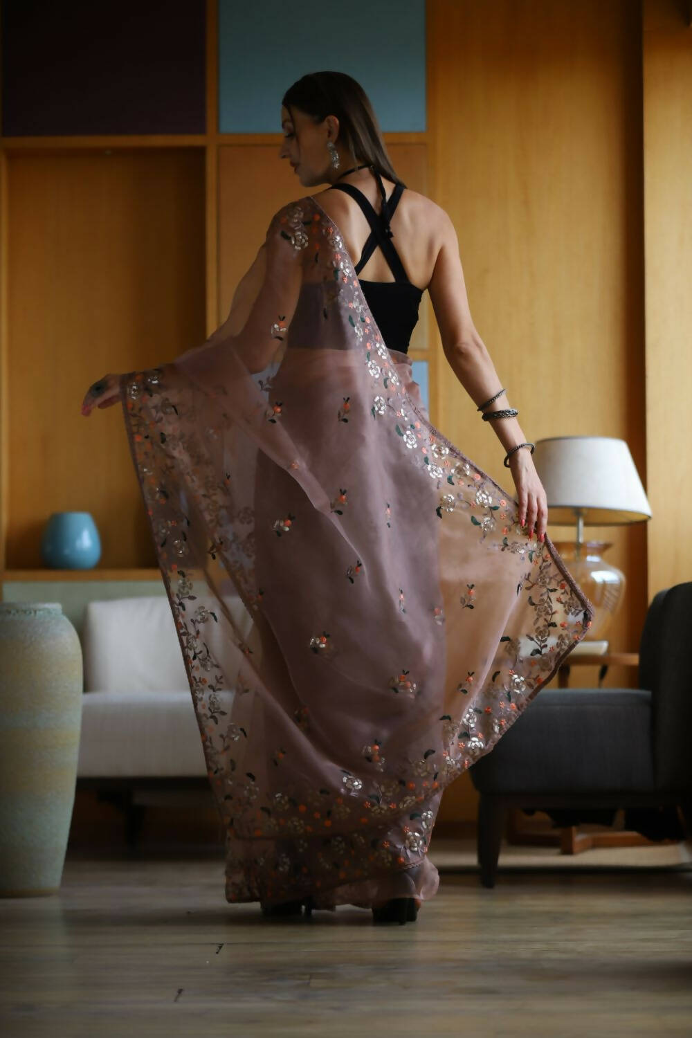 Vamsee Brown Organza Saree
