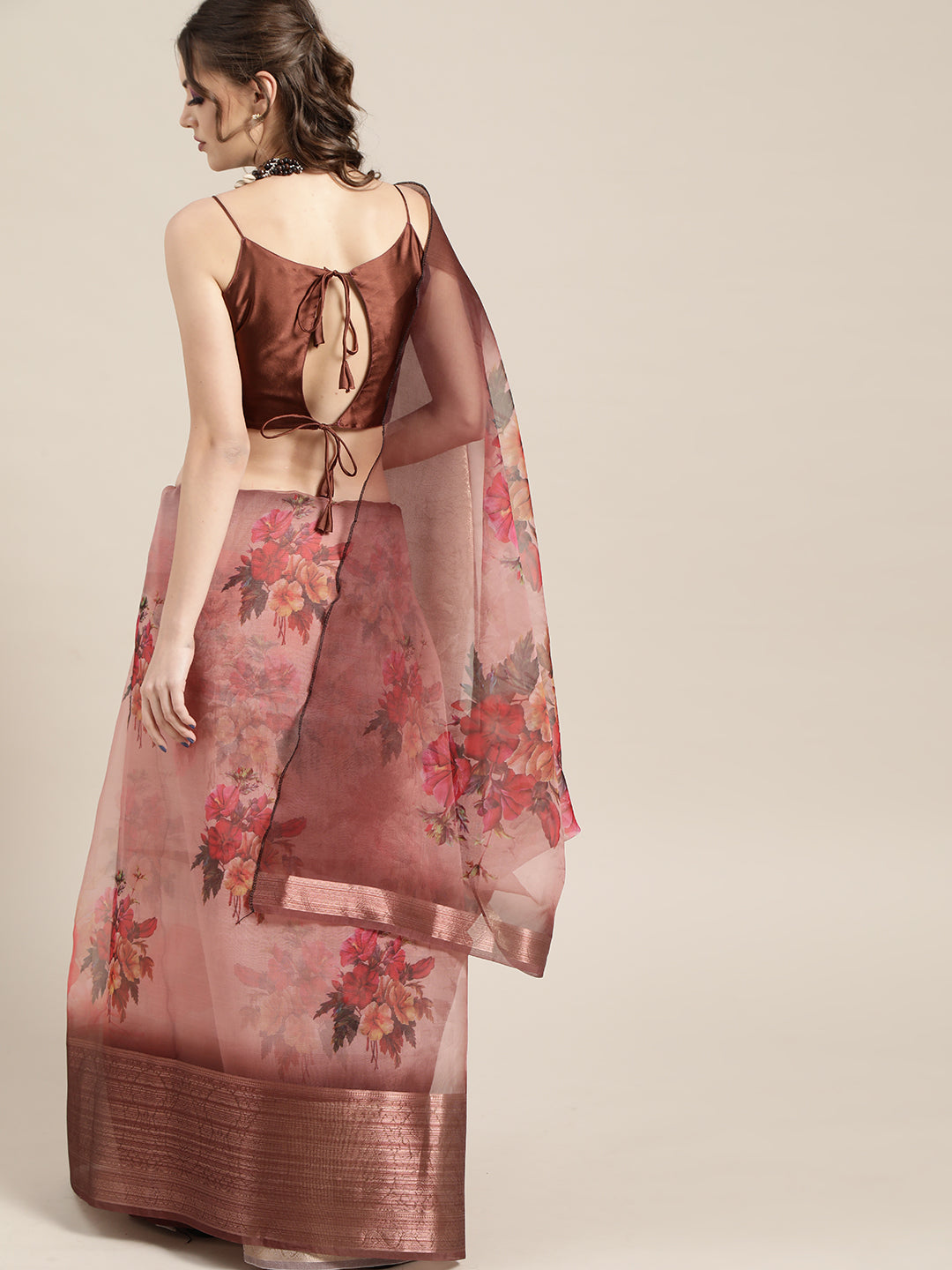 Saree Mall Mauve & Red Organza Block Print Saree