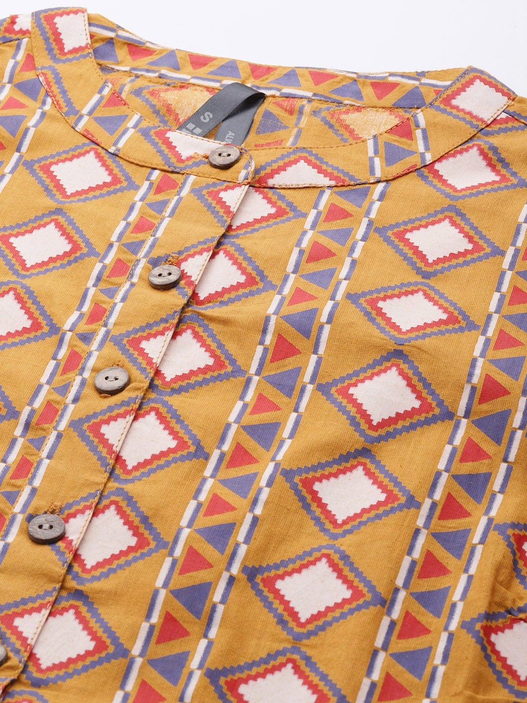 HERE&NOW Women Mustard Yellow & Cream Pure Cotton Geometric Printed Kurta