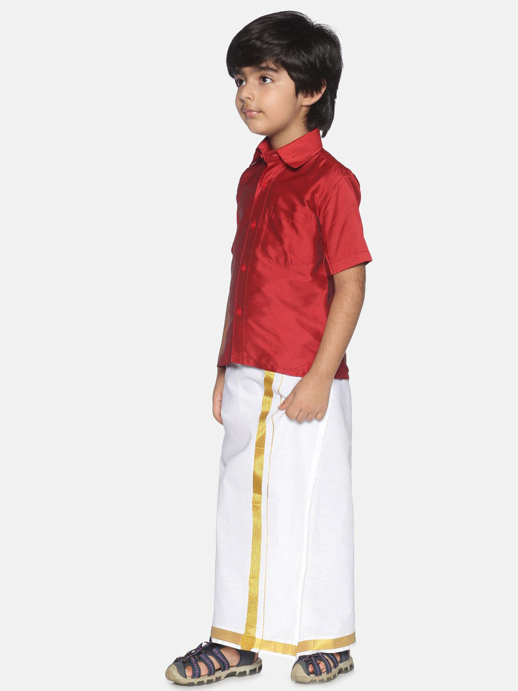 Sethukrishna Boys Red & White Shirt and Veshti Set
