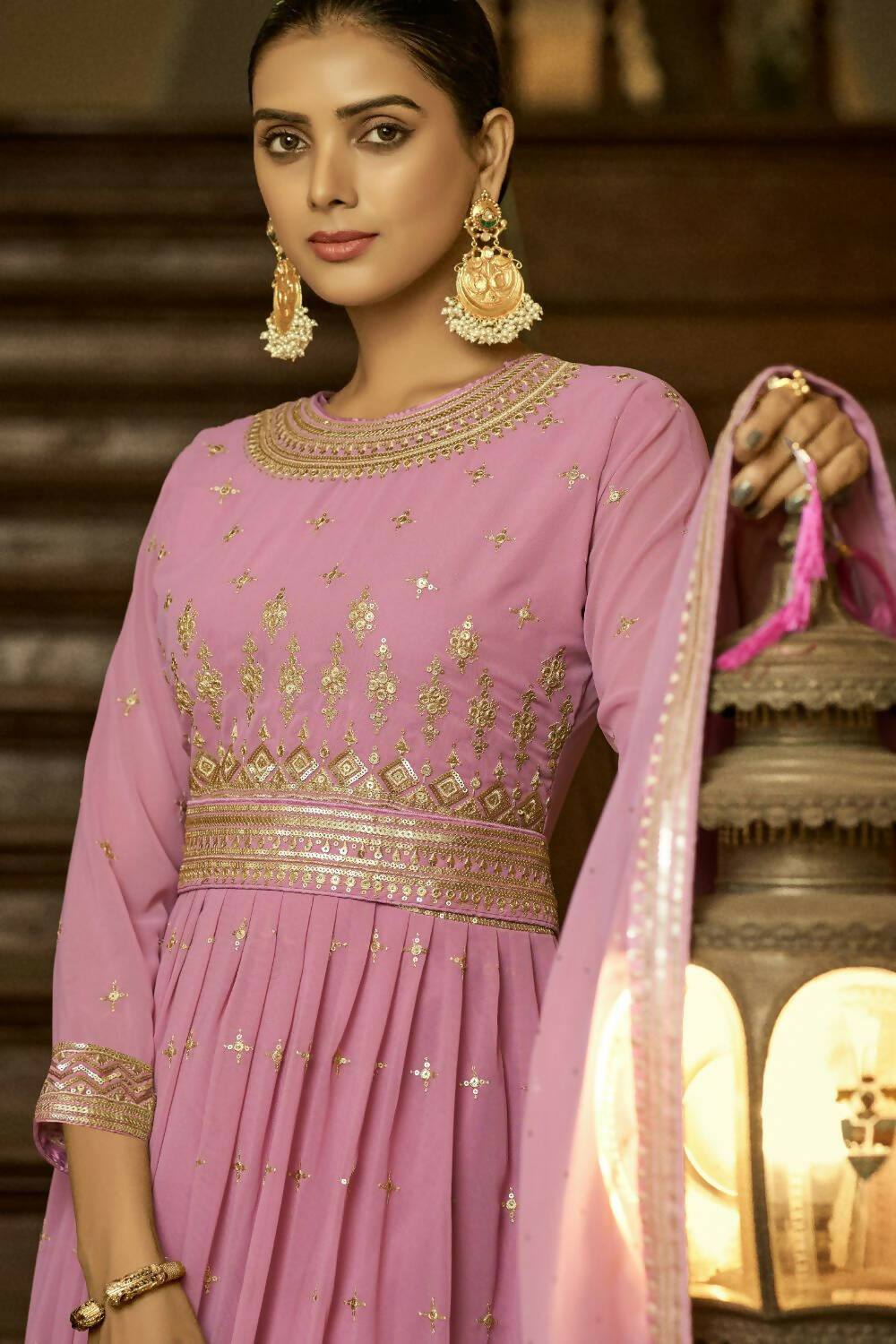 Lavender Heavy Faux Georgette Anarkali Embroidered Kurta Set - Dhvani