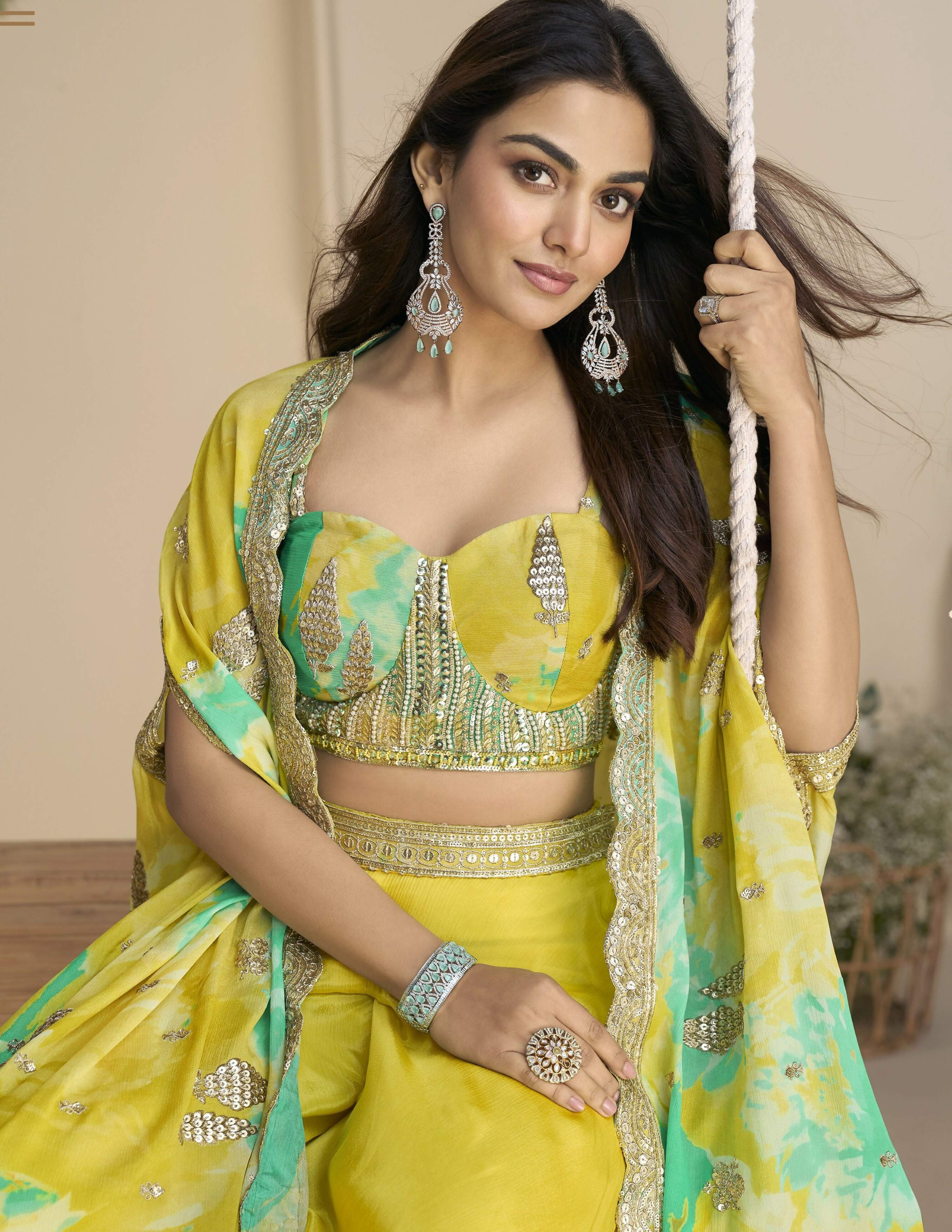 Anaita Mustard Chinon Readymade Shrug Suit with Embroidery Sequence Work
