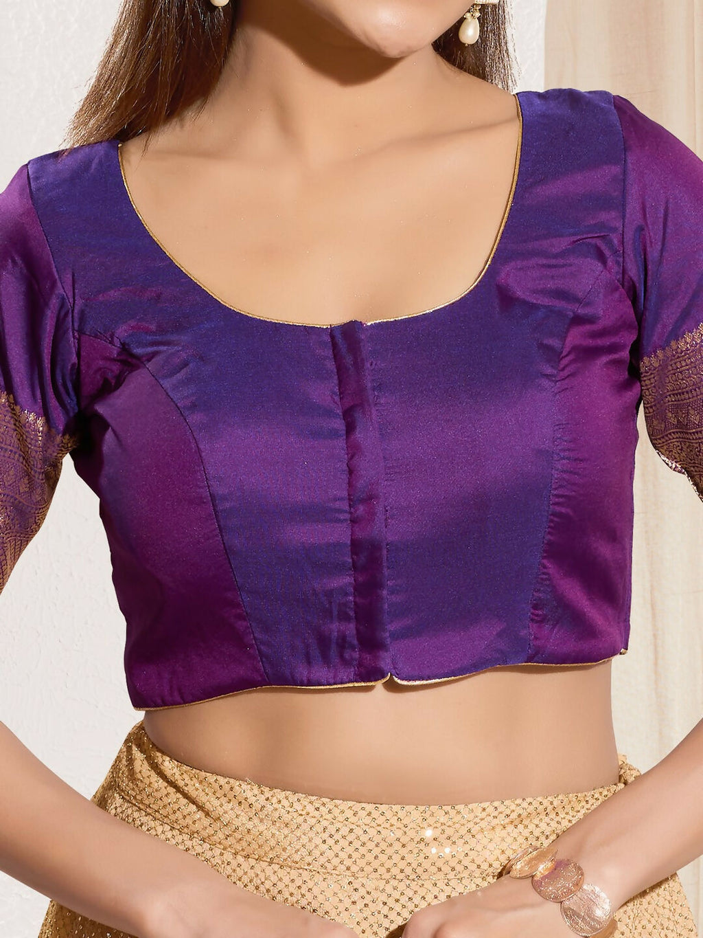 Joban Fashion Brinjal Tafeta Silk Padded Blouse With Round Neck Elbow Sleeves