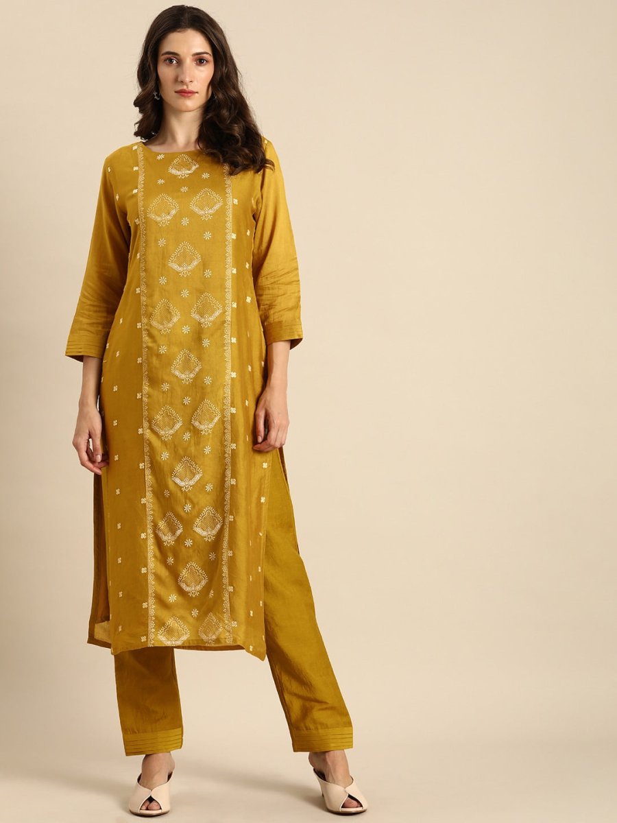 All About You Women Mustard Yellow & Off-White Ethnic Motifs Embroidered Kurta Set