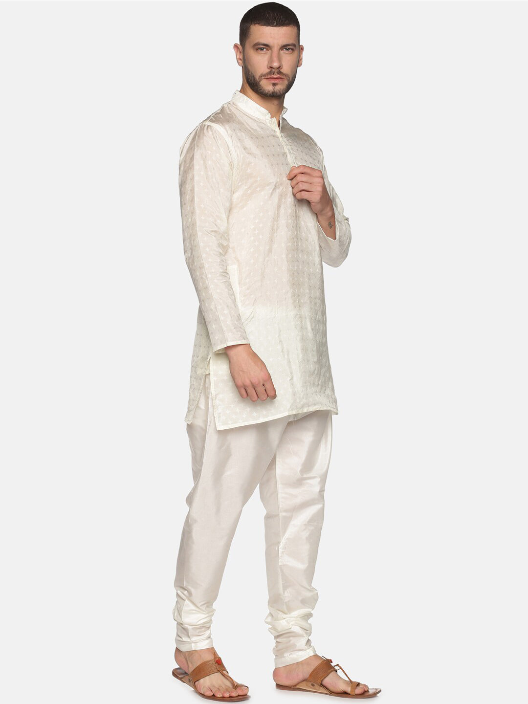 Sethukrishna Men Cream-Coloured Woven Design Kurta with Churidar