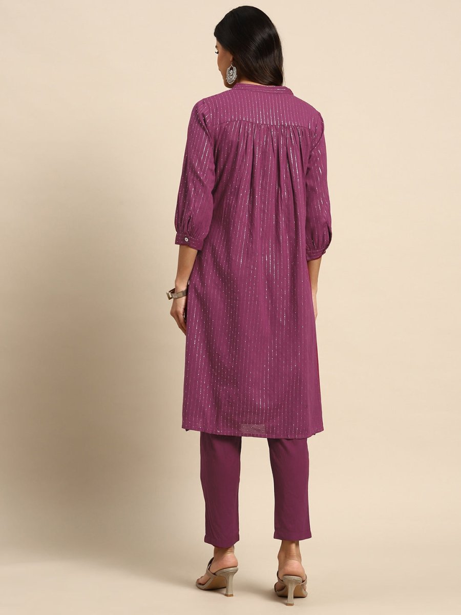 All About You Striped Pleated Sequinned Pure Cotton Kurta with Trousers