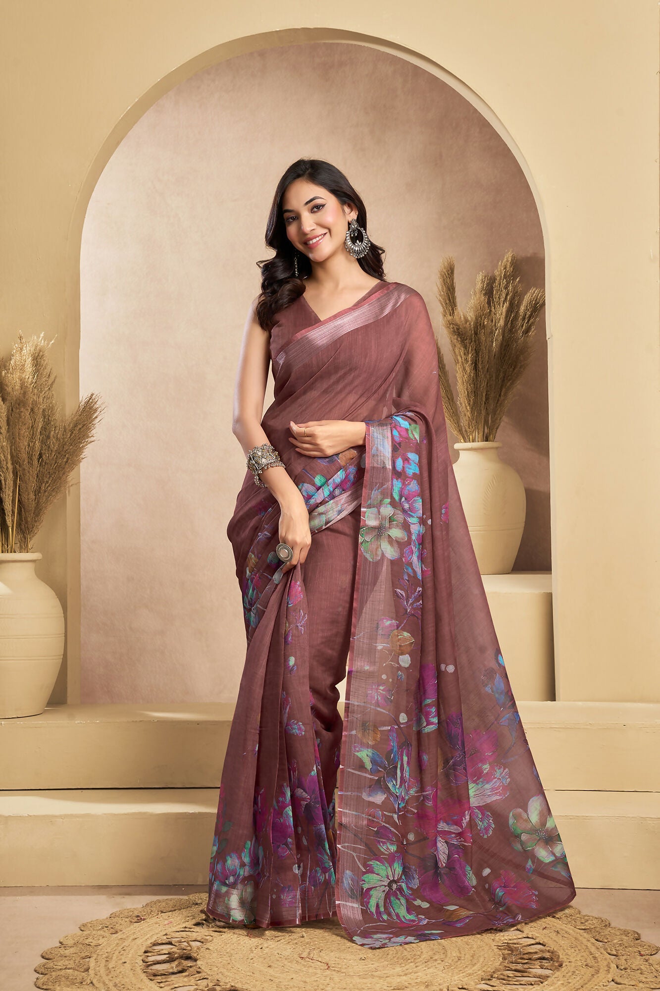 Vastranavya Coffee Digital Printed Linen Ready To Wear Designer Saree with Unstitched Blouse