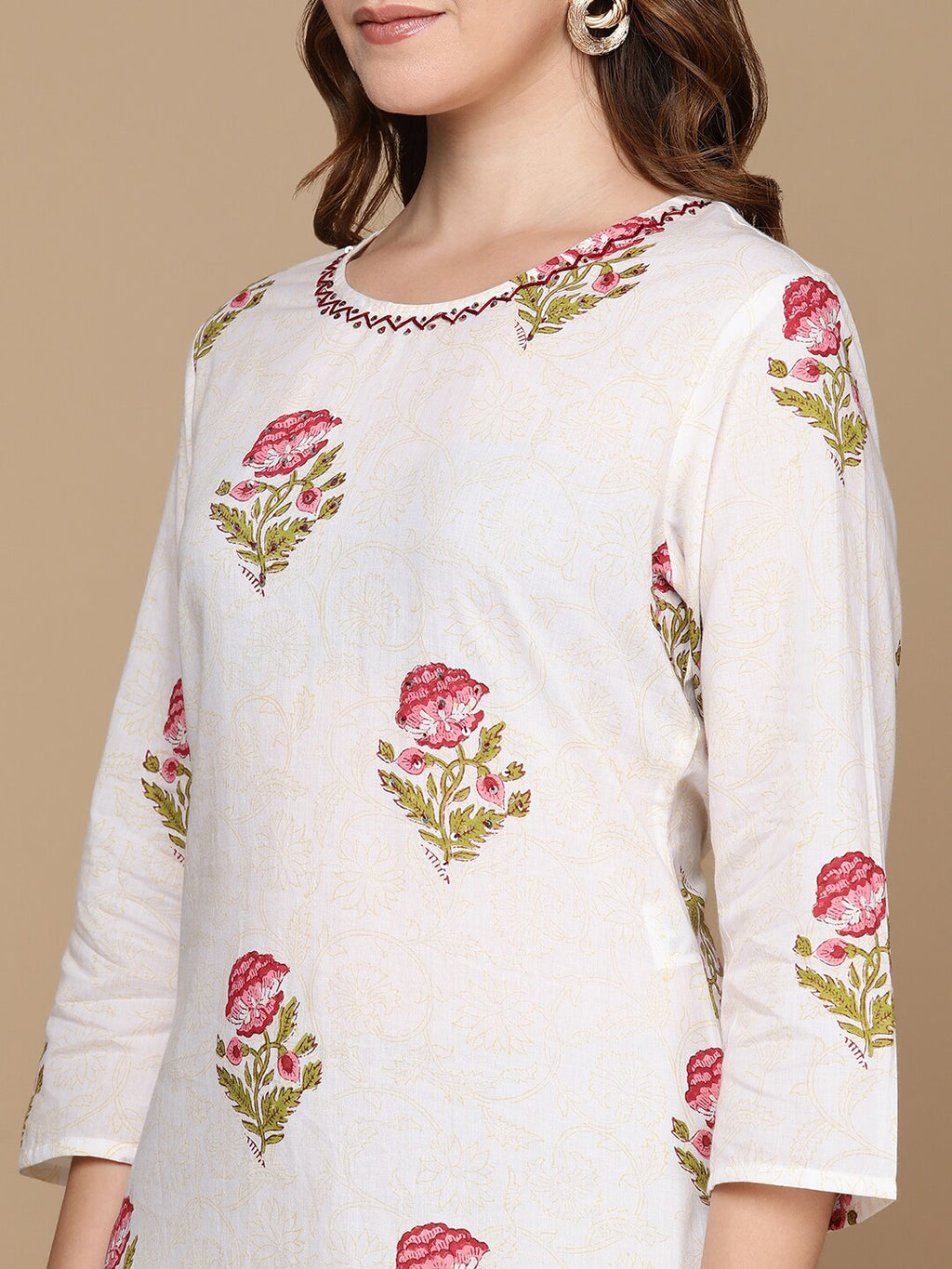 HERE&NOW White & Pink Floral Printed Pure Cotton Kurta