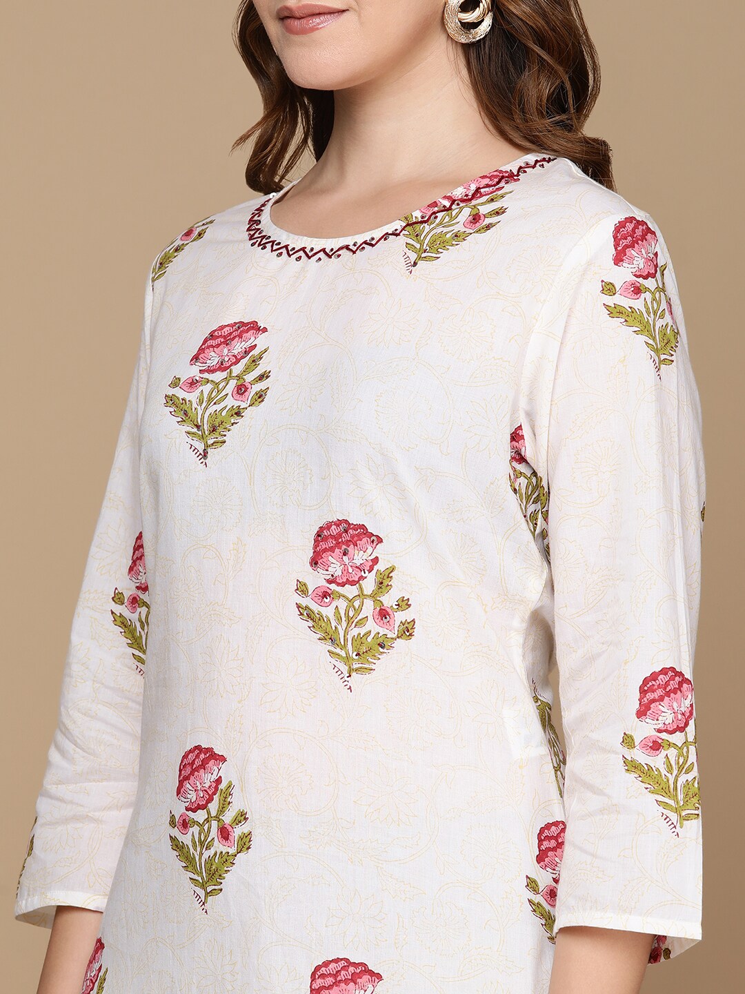 HERE&NOW White & Pink Floral Printed Pure Cotton Kurta