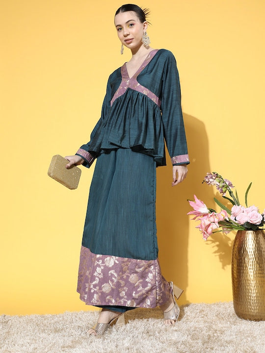 InWeave Women's Teal Mauve Brocade Mughal Shaan Kurta Palazzo Set