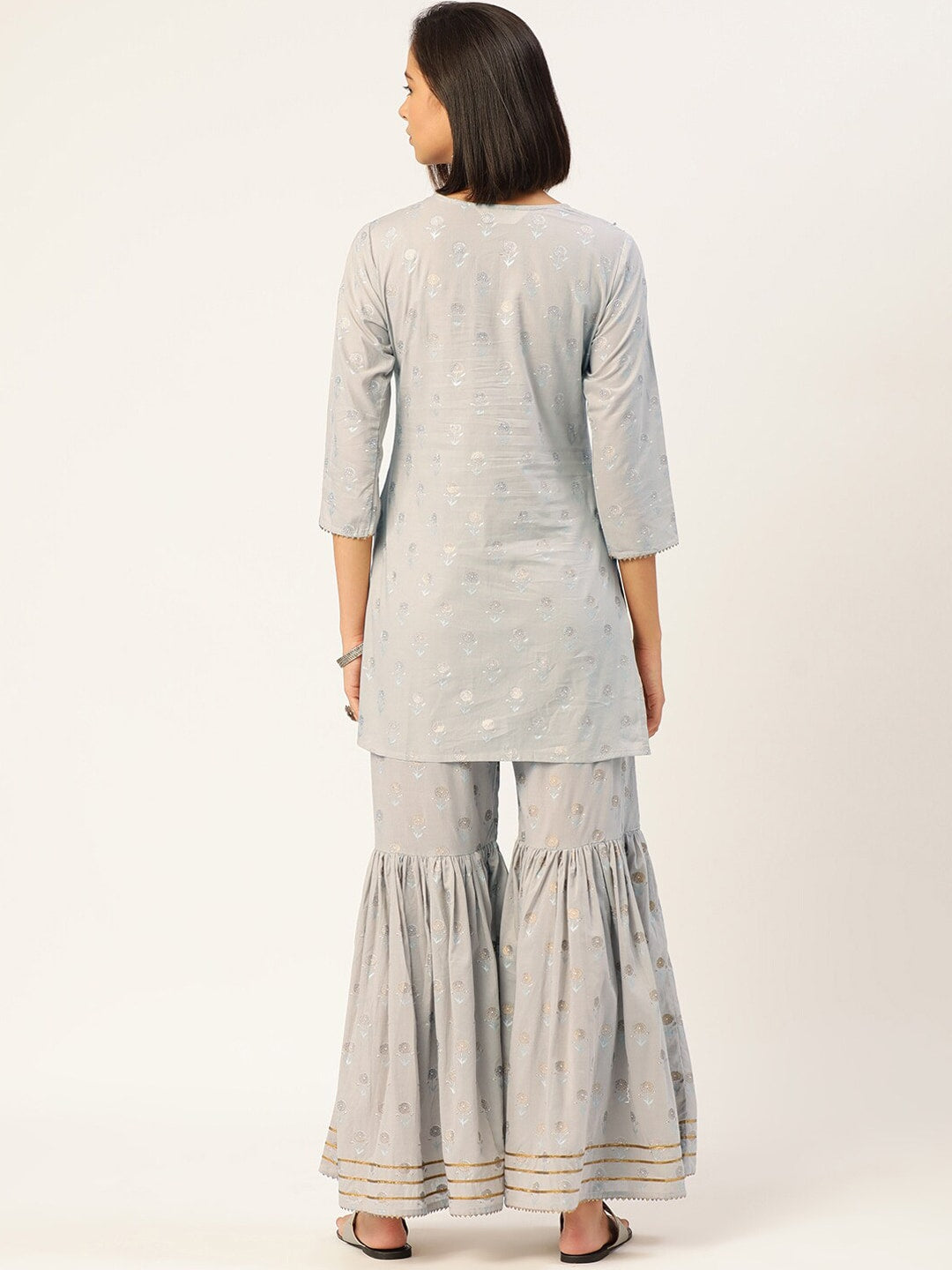 HERE&NOW Women Grey Floral Printed Panelled Gotta Patti Pure Cotton Kurti with Sharara With Dupatta