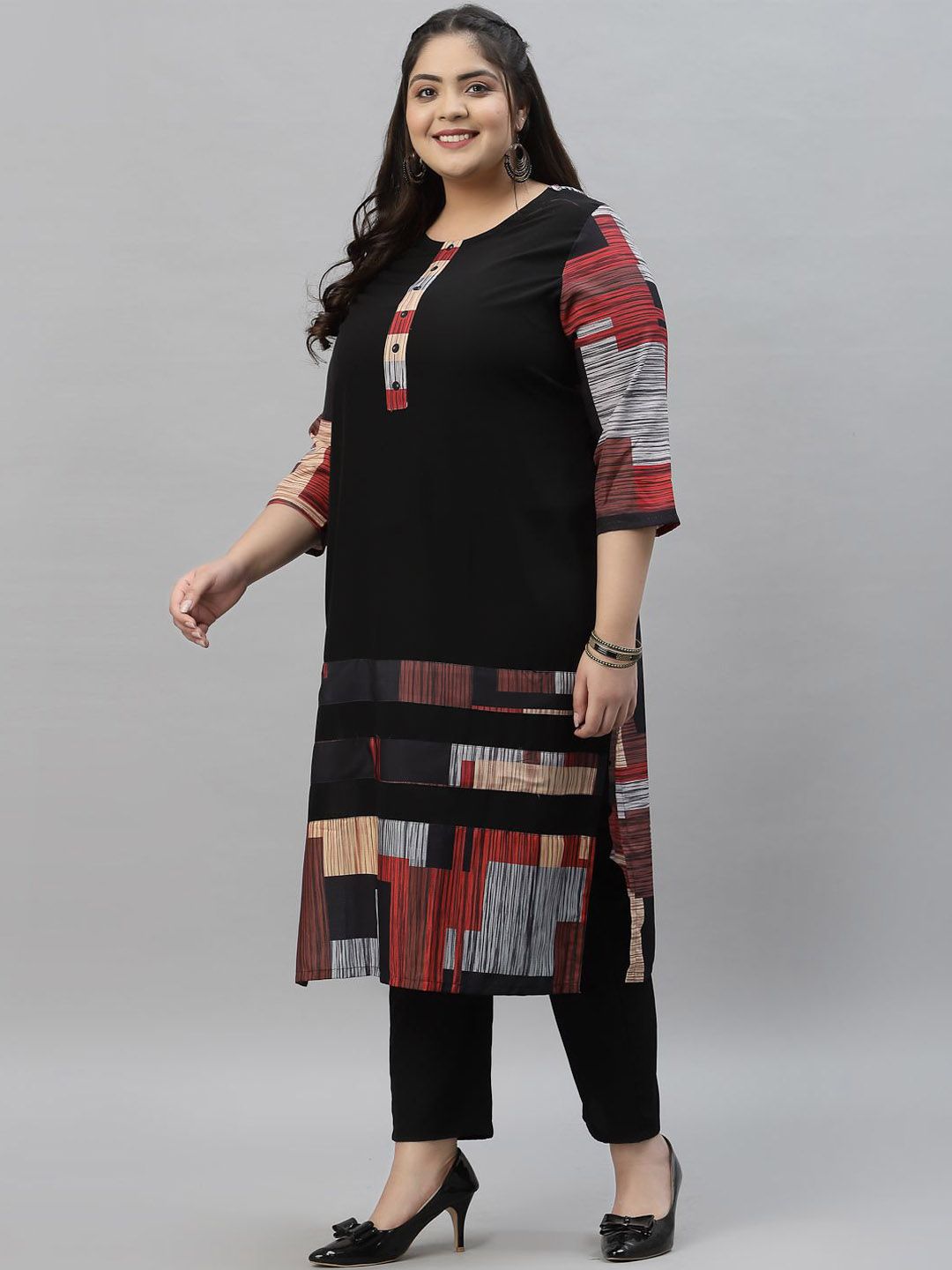 Sztori Plus Size Printed Neck Round Neck Straight Kurta