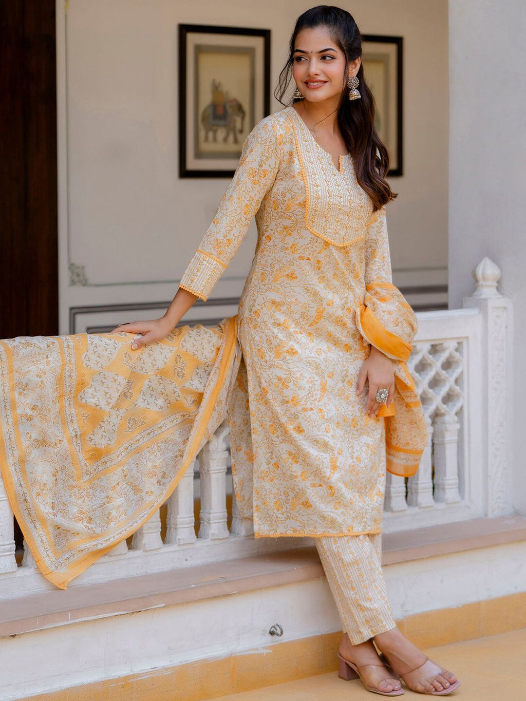 Anouk Women Floral Printed Regular Aari Work Pure Cotton Kurta with Palazzos & With Dupatta