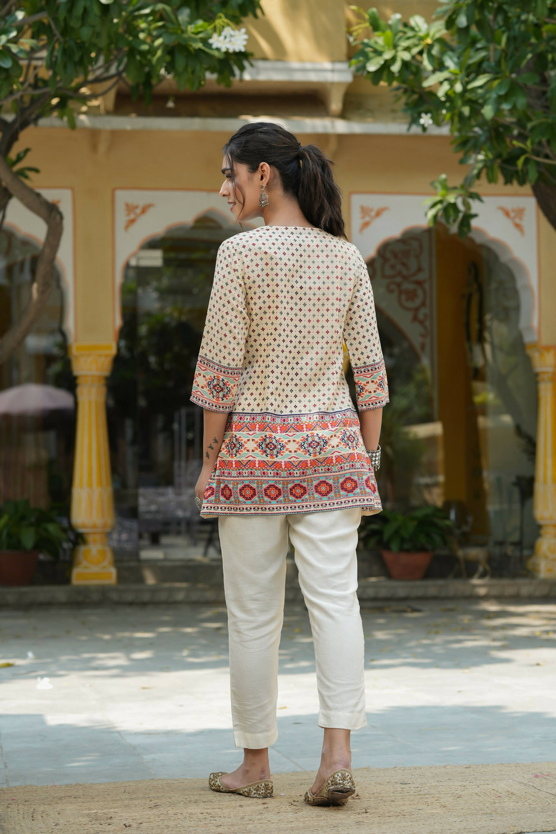 Juniper Women's Beige Rayon Printed Embroidered Tunic