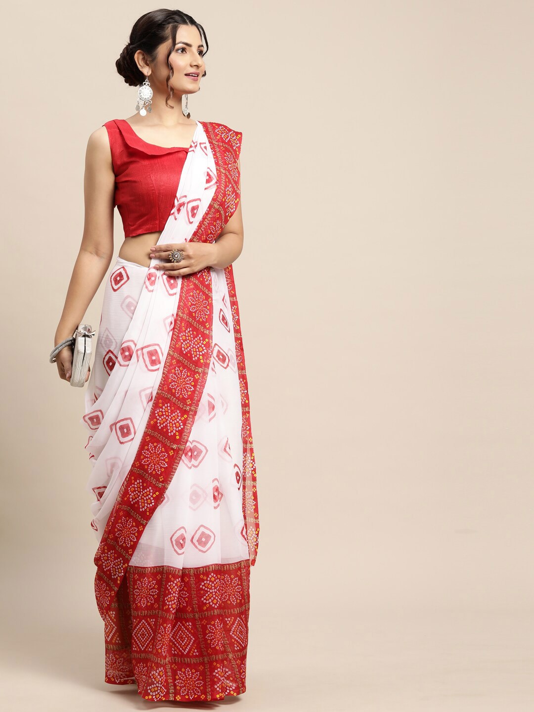 Saree Mall Women White & Red Bandhani Printed Poly Chiffon Sarees