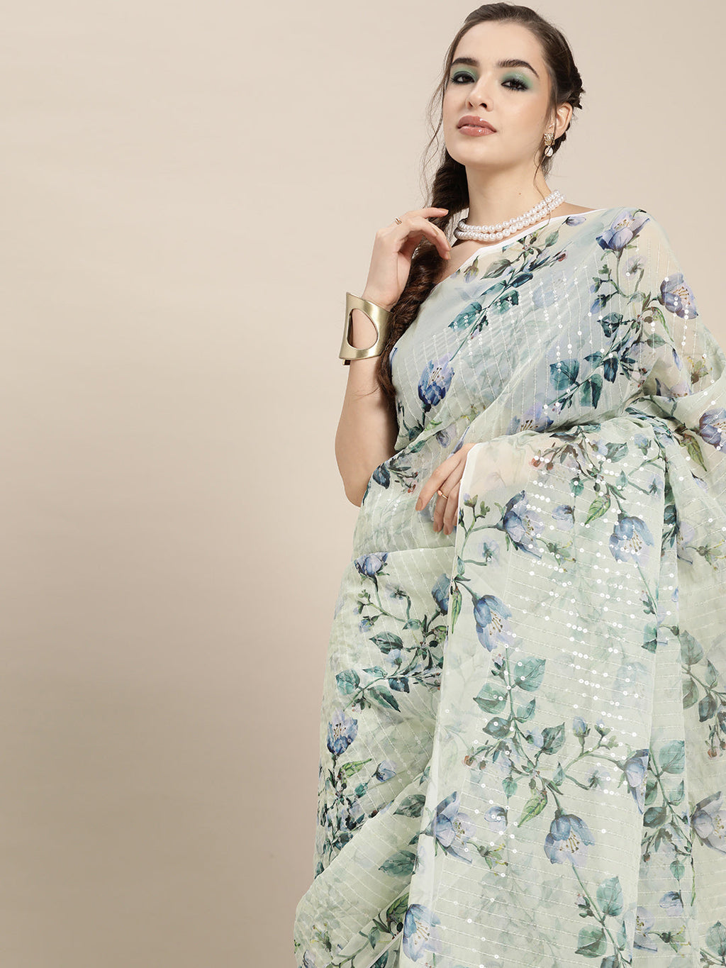 Saree Mall Blue Floral Sequinned Linen Blend Chanderi Saree