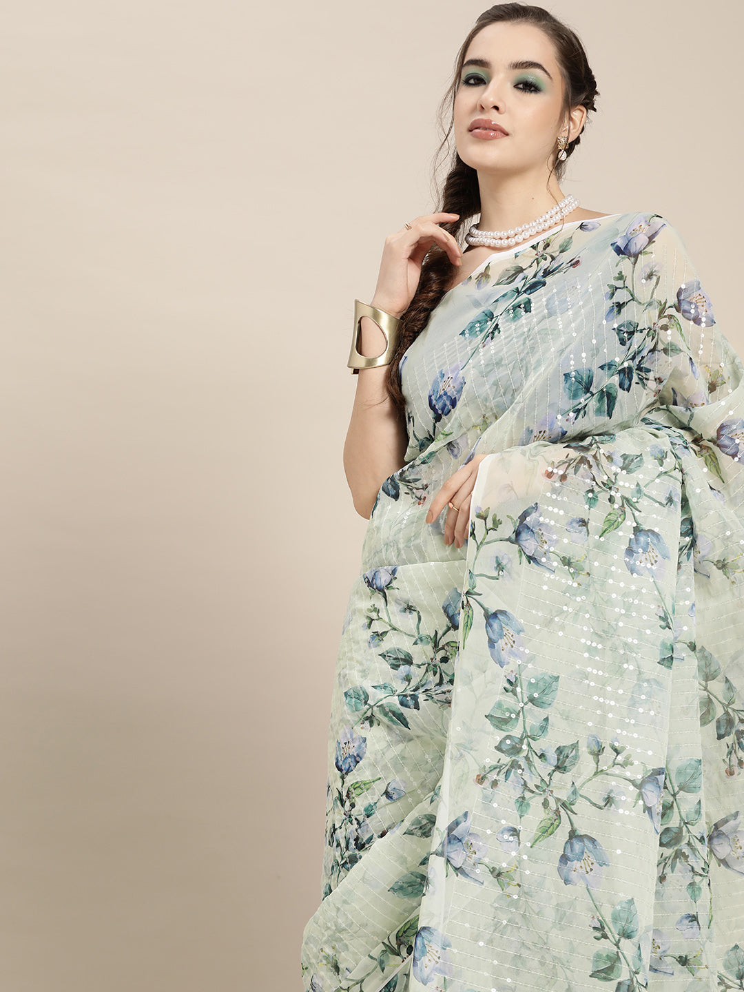 Saree Mall Blue Floral Sequinned Linen Blend Chanderi Saree