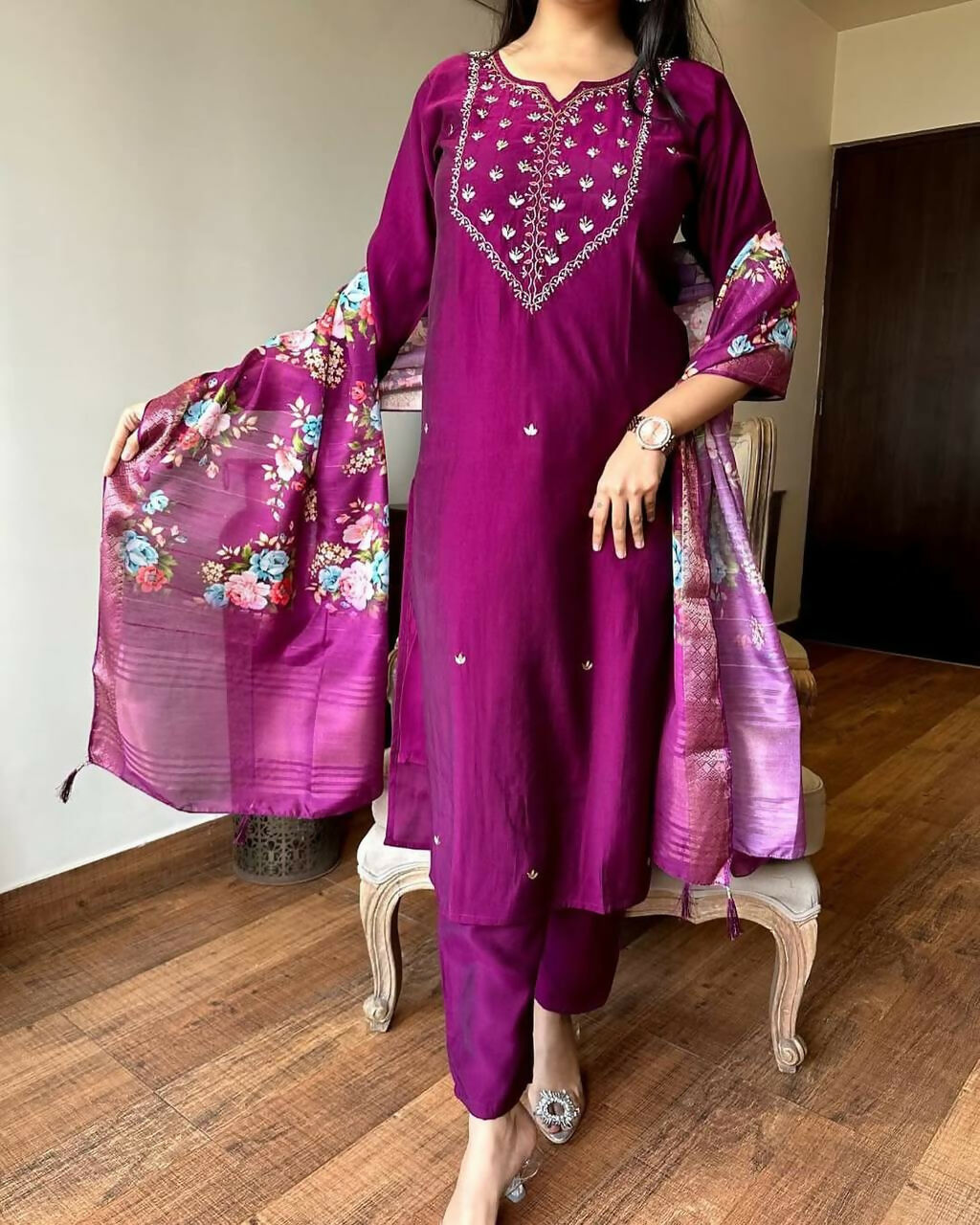 The52 Wine Women's Gorgeous Embroidered Rayon Fabric Straight Kurta Pant with Dupatta Set