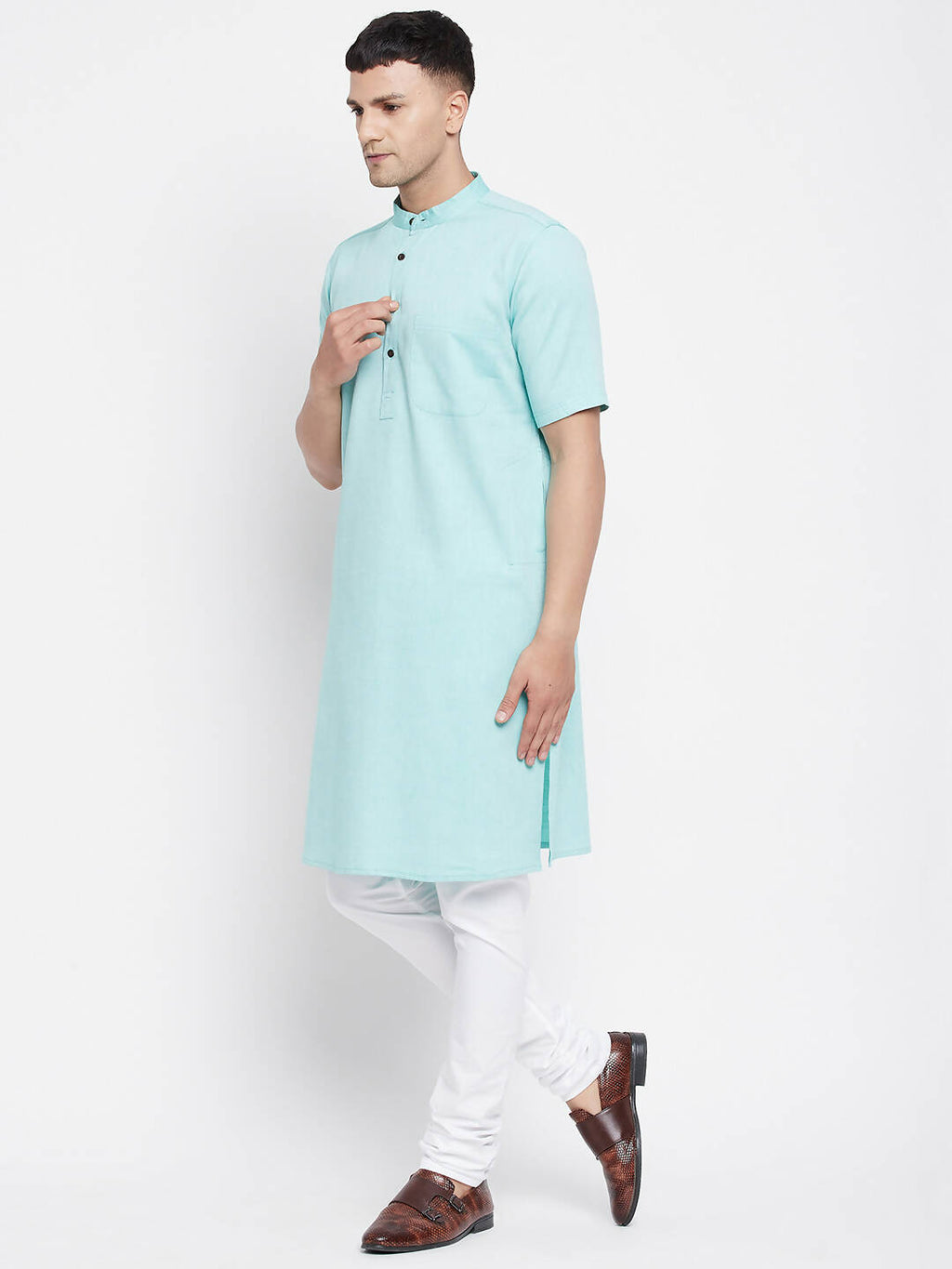 Even Apparels Green Pure Cotton Men's H/S Kurta With Band Collar