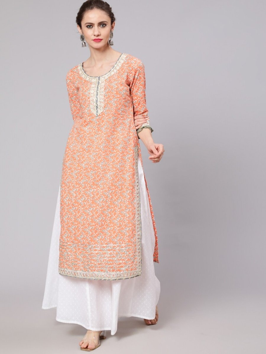Aks Floral Printed Round Neck Cotton Straight Kurta