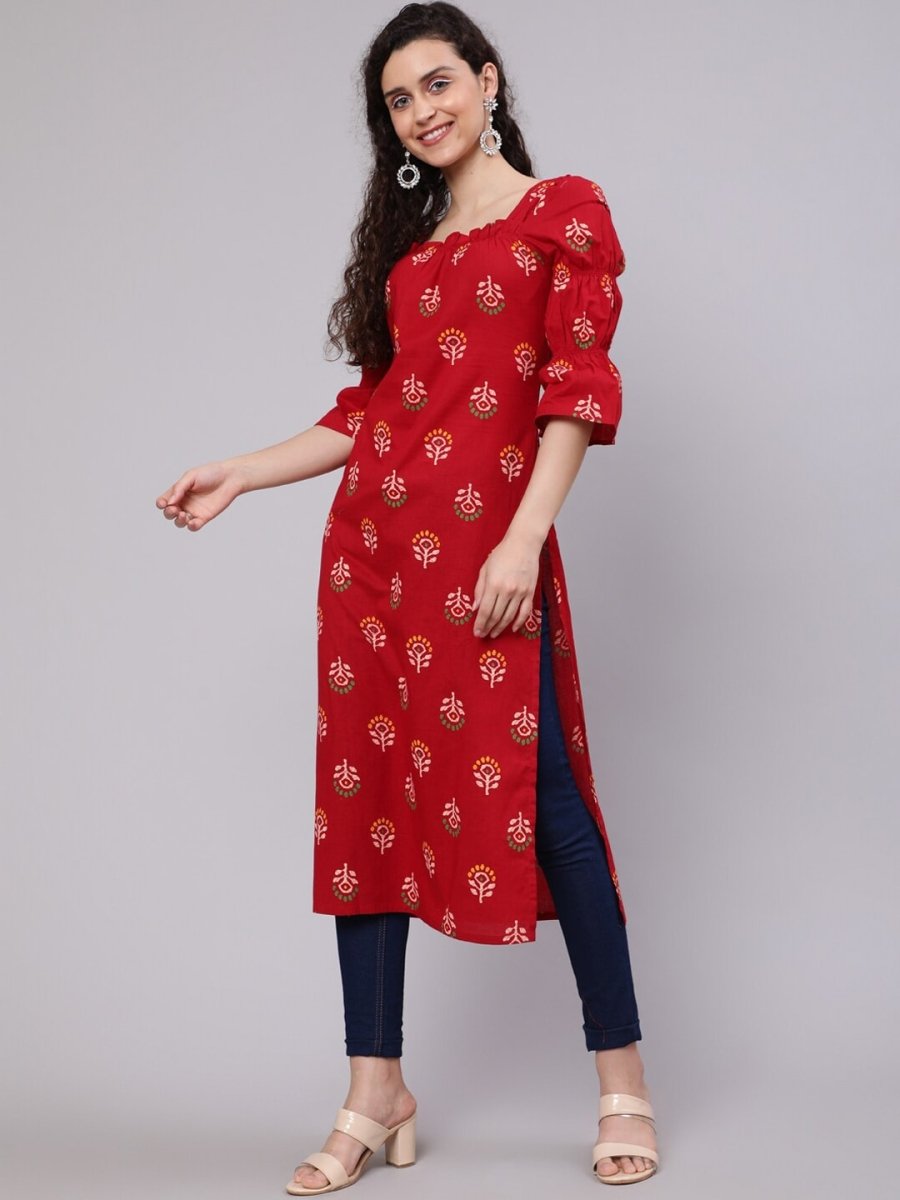Aks Ethnic Motifs Printed Square Neck Puff Sleeves Cotton Kurta