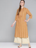 HERE&NOW Women Mustard Yellow & Cream Pure Cotton Geometric Printed Kurta
