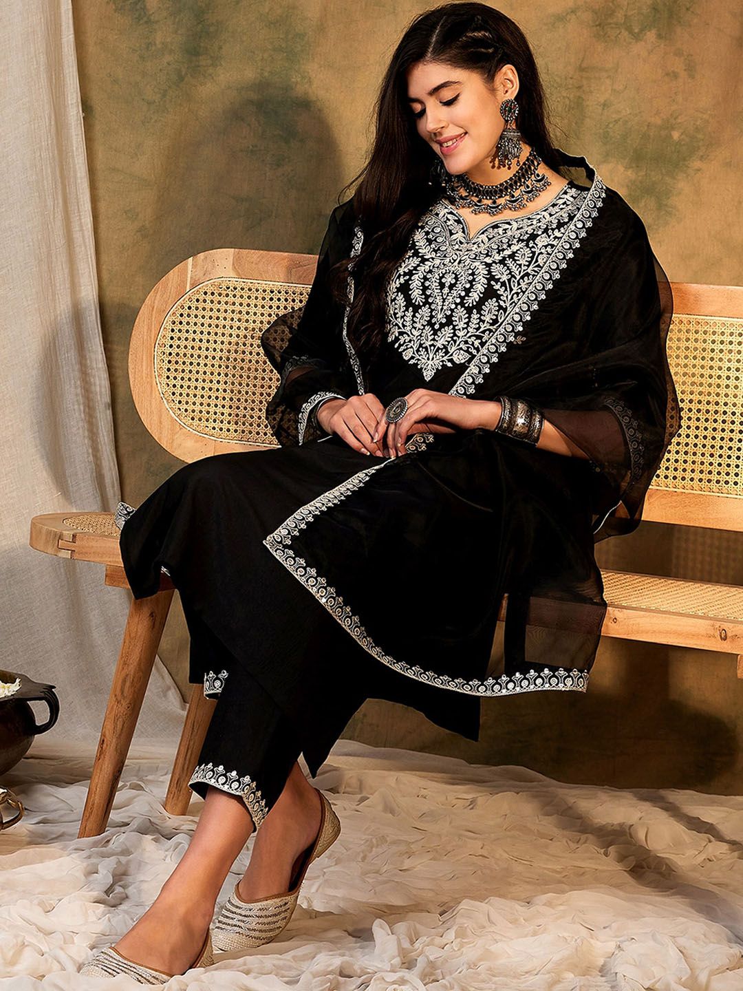Indo Era Floral Yoke Design Regular Thread Work Kurta With Trousers & Dupatta