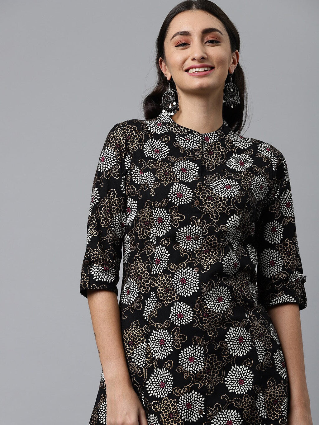 HERE&NOW Mandarin Collar Floral Printed Cotton Kurta