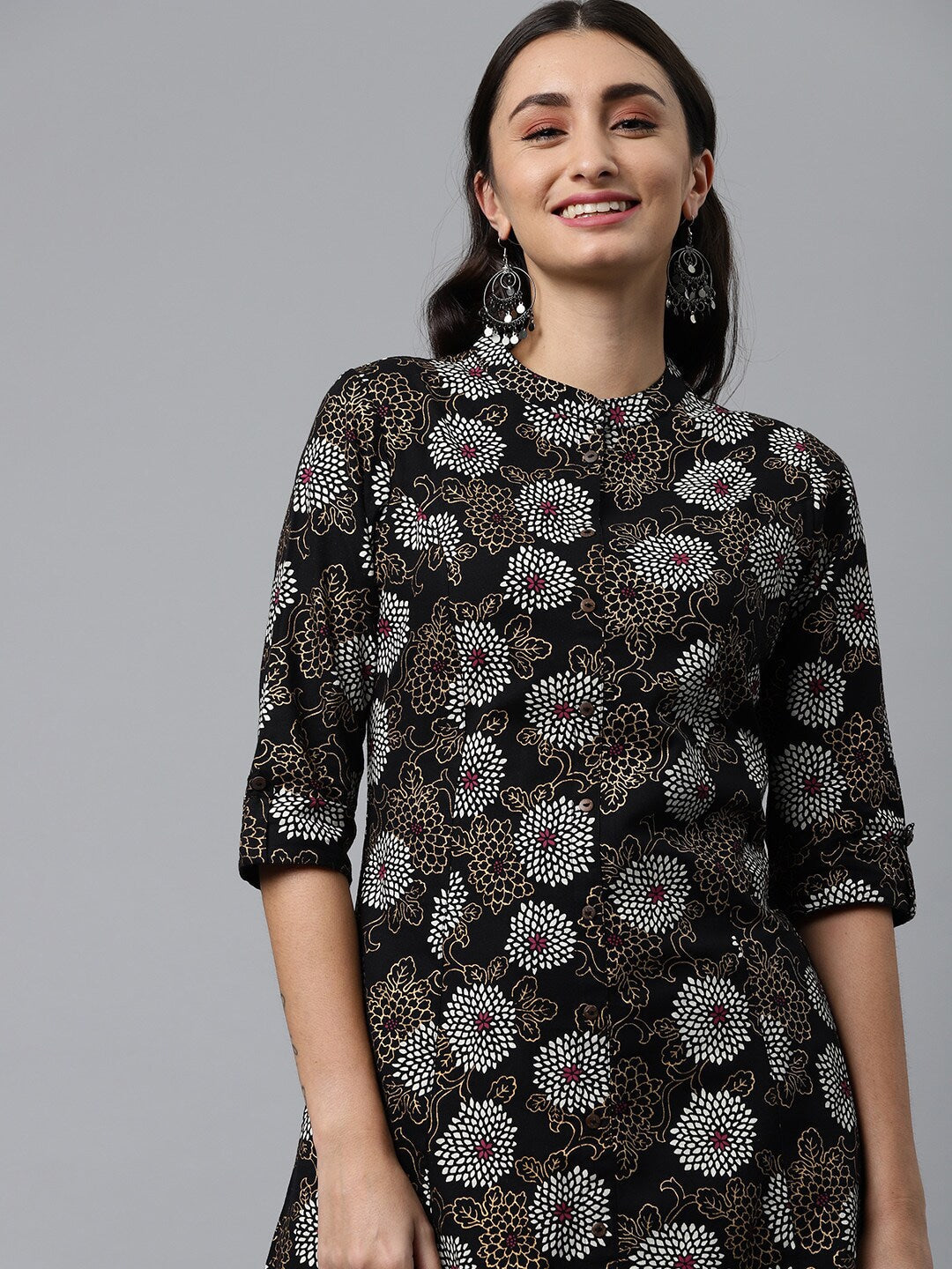HERE&NOW Mandarin Collar Floral Printed Cotton Kurta