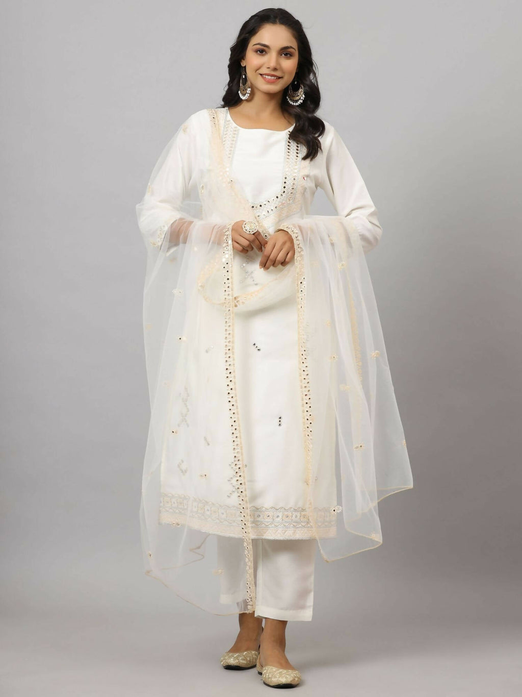 Juniper Women's White Chinnon Solid Embroidered Kurta Set