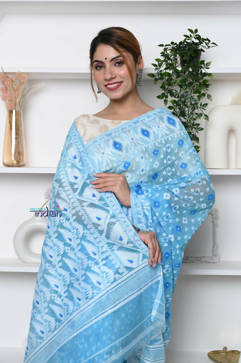 Very Much Indian Jamdhani Cotton Saree - Powder Blue