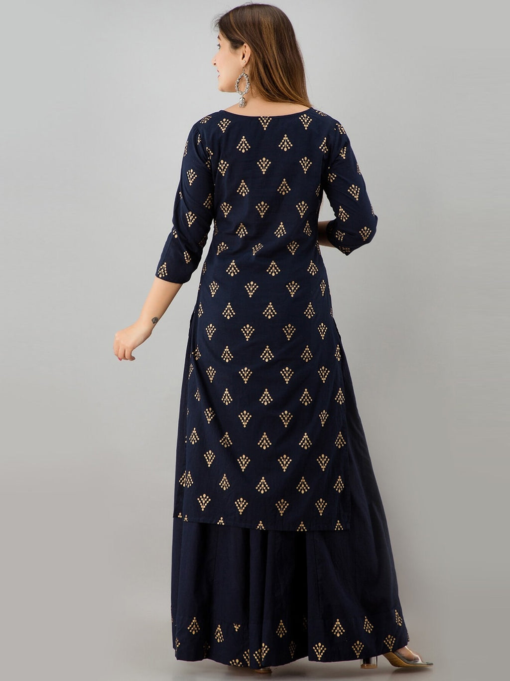HERE&NOW Navy Blue & Gold-Toned Ethnic Motifs Printed Kurta with Skirt