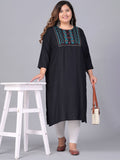 Sztori Plus Size Floral Embroidered Yoke Mirror Work Straight Kurta