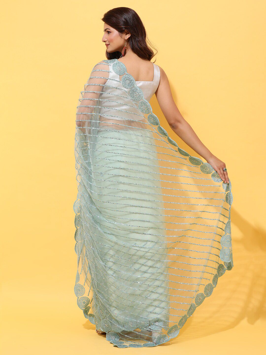 kasee Embroidered Striped Net Saree