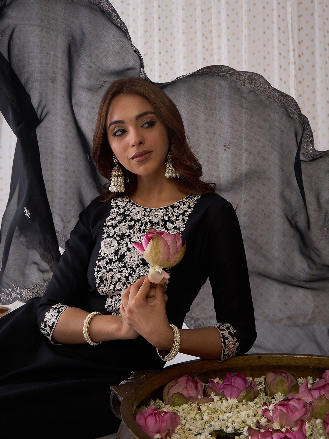 Indo Era Black Floral Embroidered Thread Work Kurta with Trousers & Dupatta