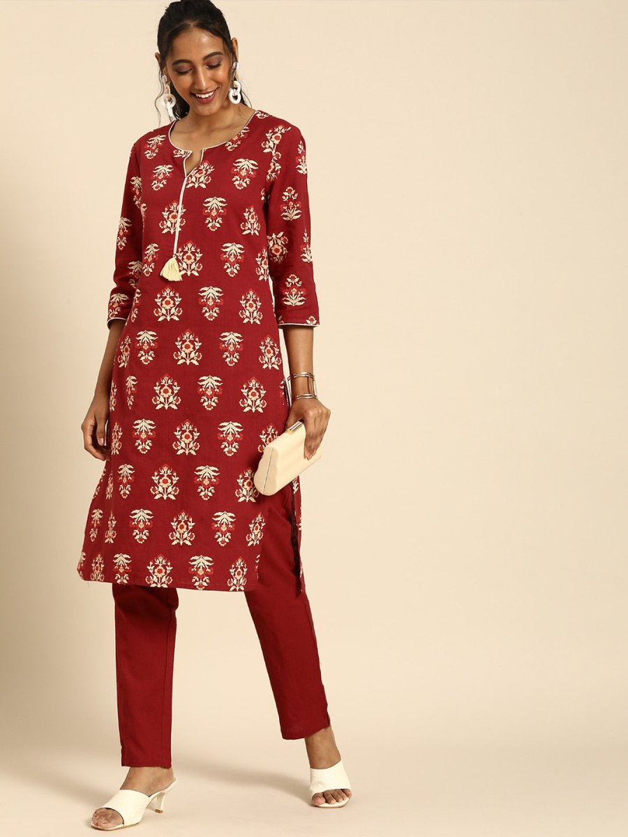 All About You Women Red Floral Printed Pure Cotton Regular Kurta with Trousers