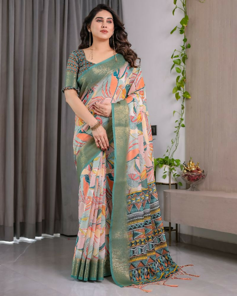 PR Fashion Olive Pure Handloom Linen Saree