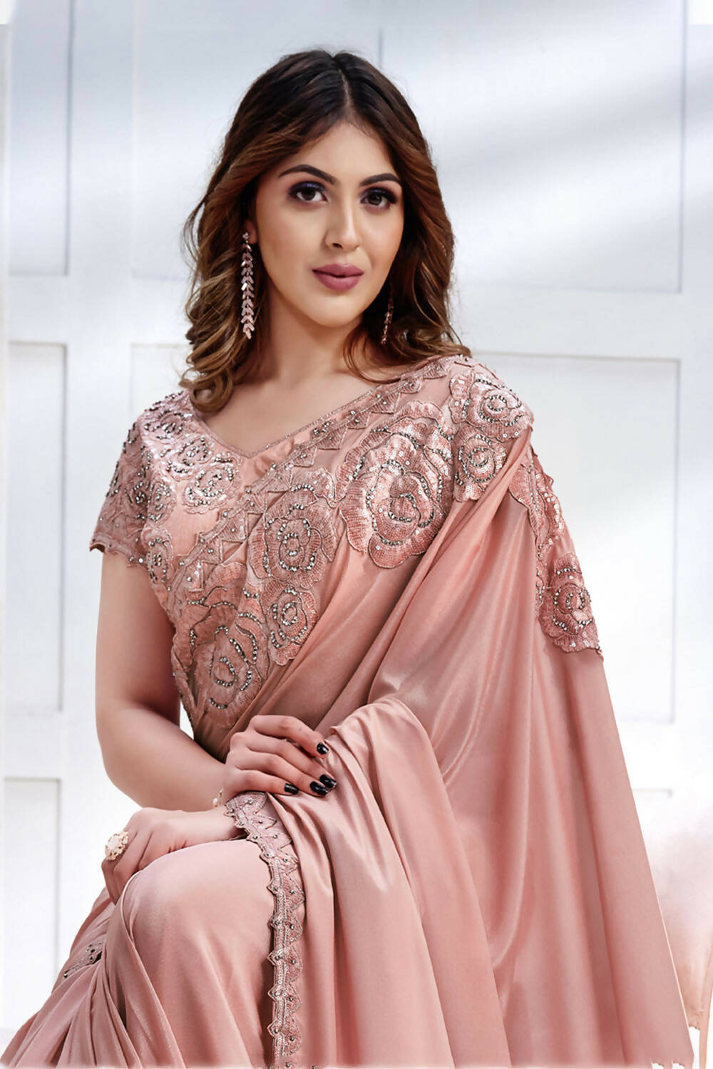 Peach Pure Crepe Georgette Cord & Sequence Embroidered with Stone work Saree - Mohmanthan Majestica